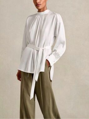 NWT Reiss Ivory Pleated Neck Blouse with Tie Tag